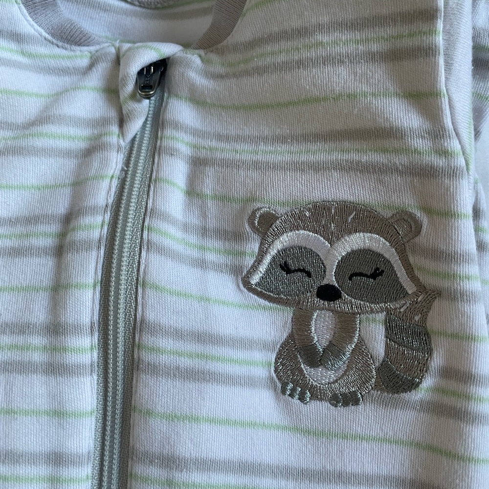 SOLD-🍒Tuffy Striped Green and Gray Kids Pajamas with Raccoon Design